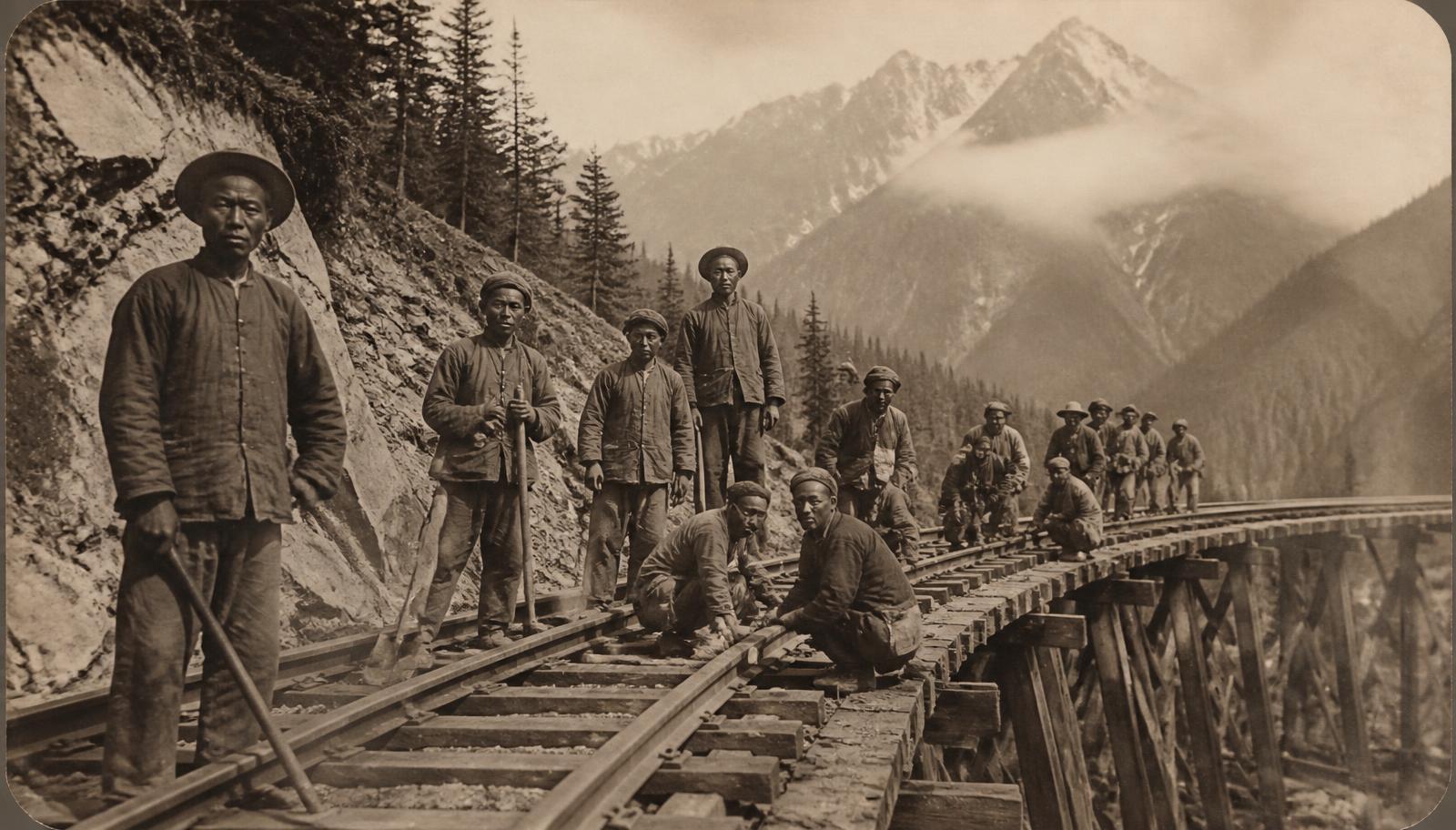 Chinese railway workers laying track for the Canadian Pacific Railway in the British Columbia mountains, 1880s